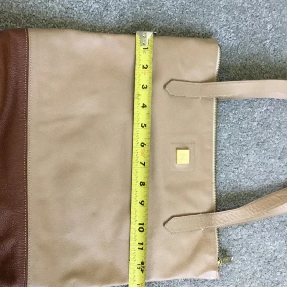 NELLY O “Leather” Purse Cream & Tan great fabric interior pinks/yellow/orange. - Picture 5 of 6